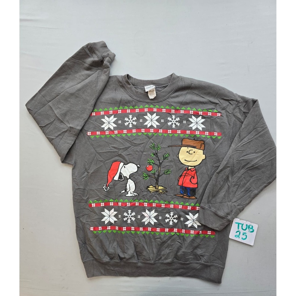 Peanuts Charlie Brown Snoopy Christmas Sweatshirt Gray Graphic Pullover Large